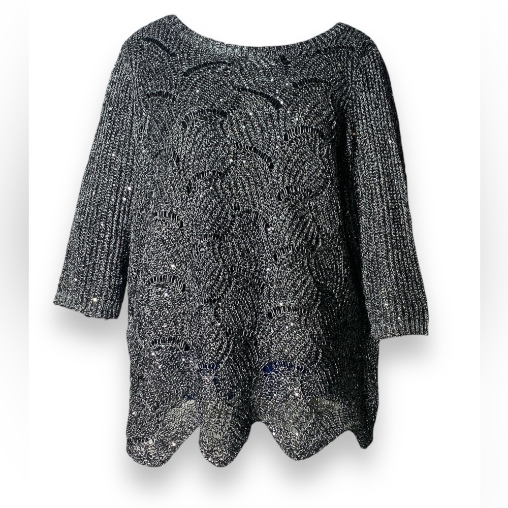 2X silver black metallic tunic long sleeve crew neck